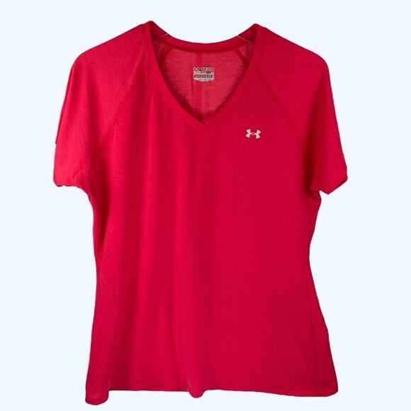 Under Armour UA Tech Heat Gear Loose Fit V Neck Tshirt Women's Pink Large - Picture 1 of 4